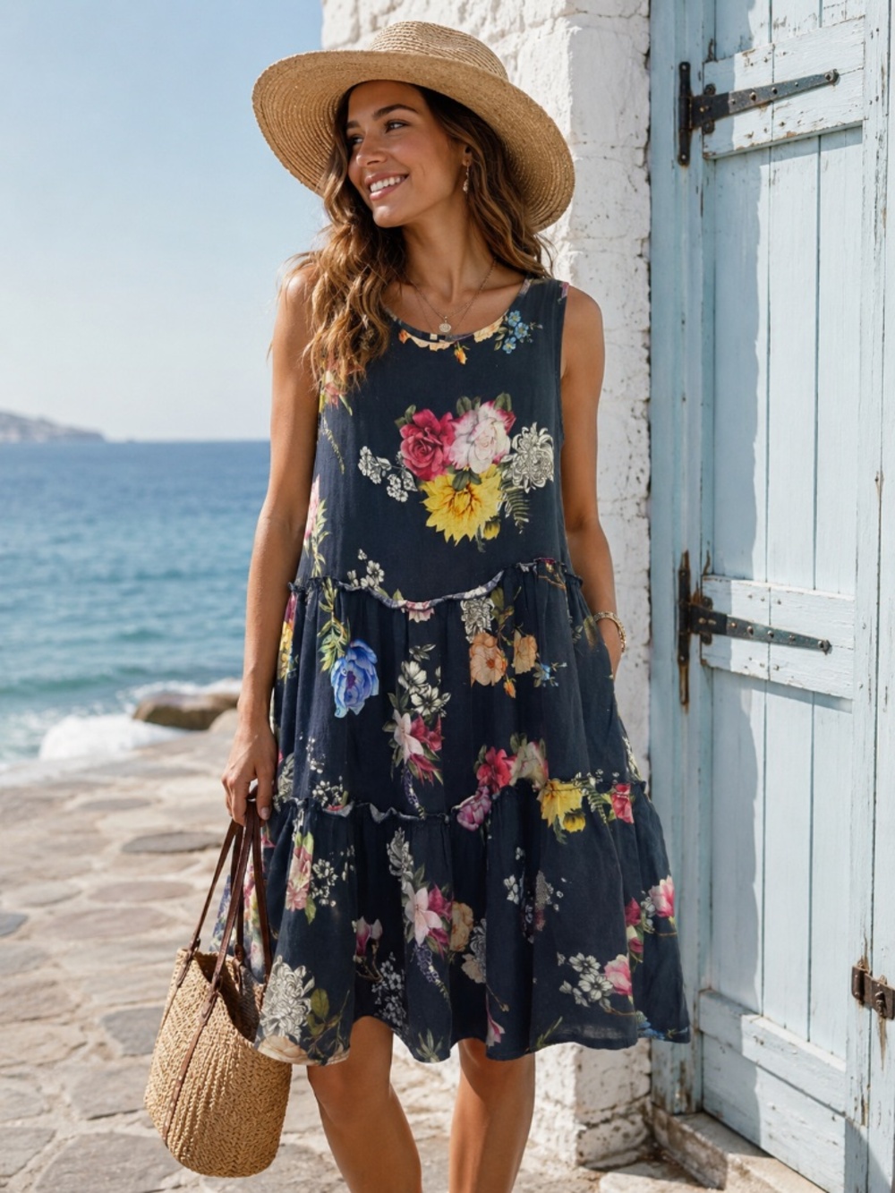 100% linen made in Italy Le Raganne dress S black floral sleeveless tiered beach